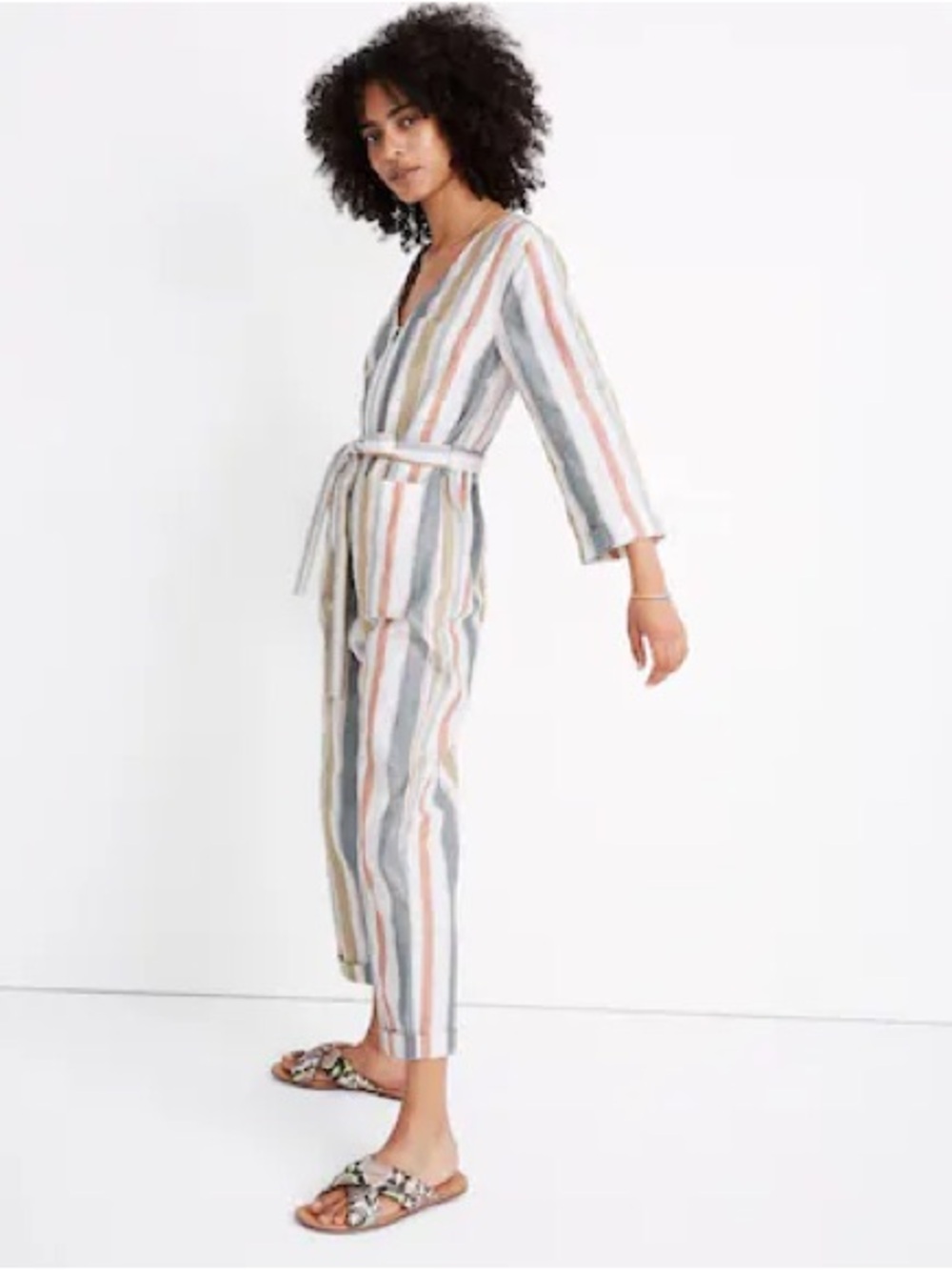 Madewell V-Neck Tie-Waist Jumpsuit Multicolor Stripe Size 6